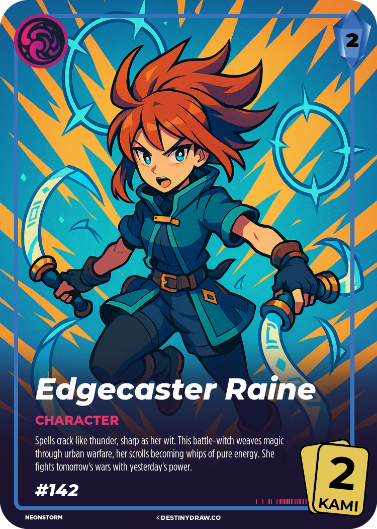 Front design of the Edgecaster Raine DestinyDraw Card in Rare (Kami 2)
